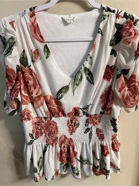 Ember Floral Smocked-Waist V-Neck Blouse - White with Rose Print